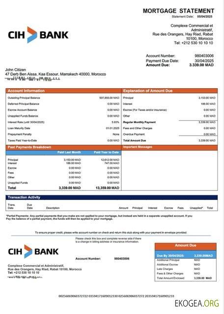 Maroc Relevé hypothécaire Crédit Immobilier et Hôtelier Modèle Word et PDF